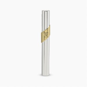 Picture of Silver Plated Mezuzah Case Matte Center Stripe Gold Accent Saragosa Style Design Silver 15cm by Hazorfim